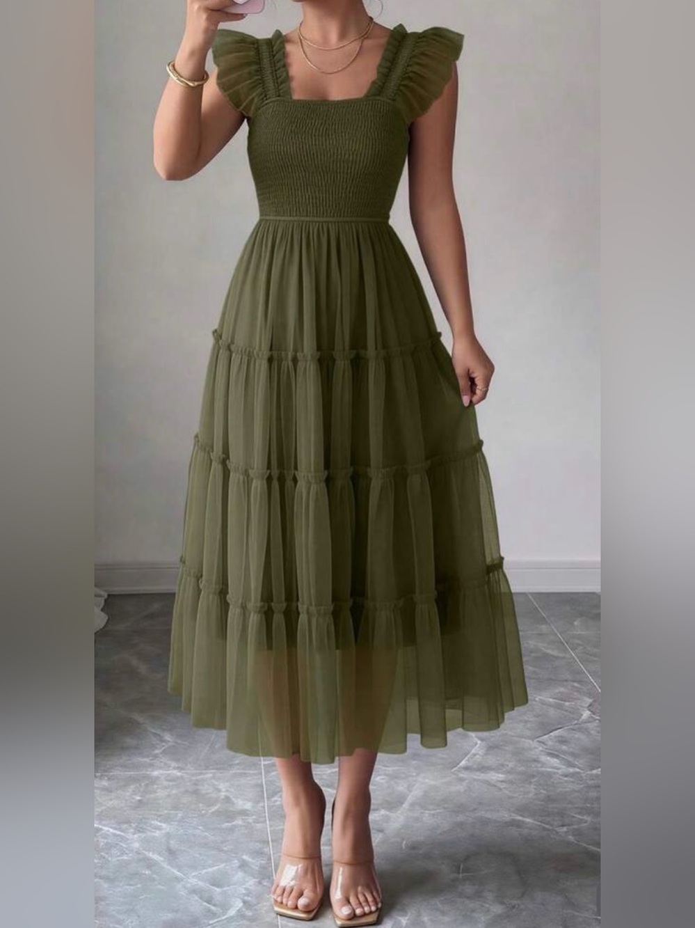 Olive Green Smocked Bodice Tiered Midi Dress